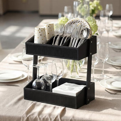 Novabright 2 Tier Paper Plate Dispenser for Kitchen Counter, Paper Plate Organizer, Rustic Wooden Utensil Holder for Party Countertop Cutlery Flatware Storage Rack for Napkin Cup Spoon Fork(Black)