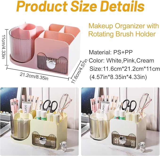 DASITON Makeup Organizer with Drawer, 360° Rotating Makeup Brush Holder, Makeup and Skincare Storage Box, Make Up Organizers for Vantiy, Desktop, Bathroom Countertop, Cosmetic Display Case (Pink)