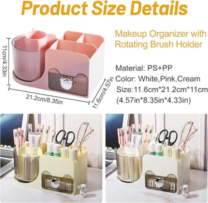 DASITON Makeup Organizer with Drawer, 360° Rotating Makeup Brush Holder, Makeup and Skincare Storage Box, Make Up Organizers for Vantiy, Desktop, Bathroom Countertop, Cosmetic Display Case (Pink)