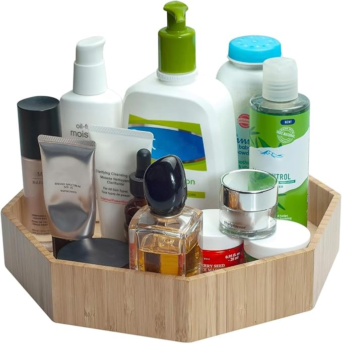 Bamboo 360 Rotating Bathroom Toiletry & Cosmetic Spinning Tray for Countertops and Vanity with Lazy Susan Turntable, 10” Diameter with 2” Ledge