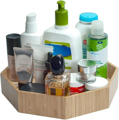 Bamboo 360 Rotating Bathroom Toiletry & Cosmetic Spinning Tray for Countertops and Vanity with Lazy Susan Turntable, 10” Diameter with 2” Ledge