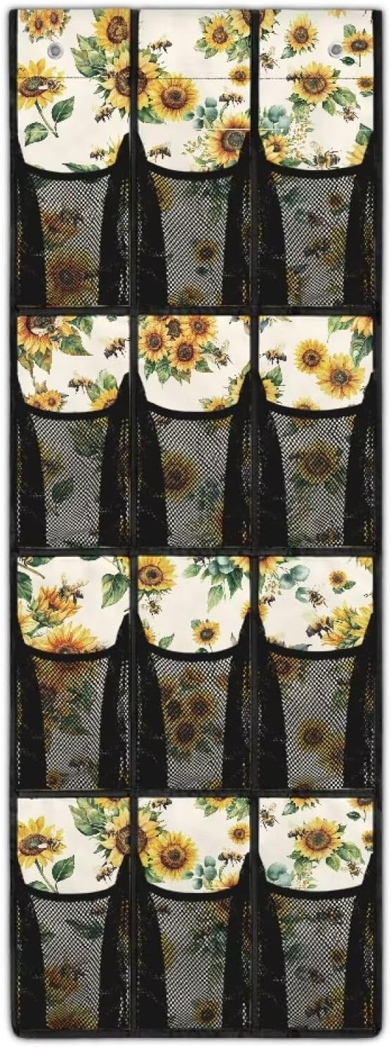 Sunflower Print Over The Door Shoe Organizer,Small Hanging Shoe Rack for Closet,Quick Dry Mesh Organizer Hanging for Pantry Bathroom Closet,Organizer for Bedroom Bathroom,Kitchen