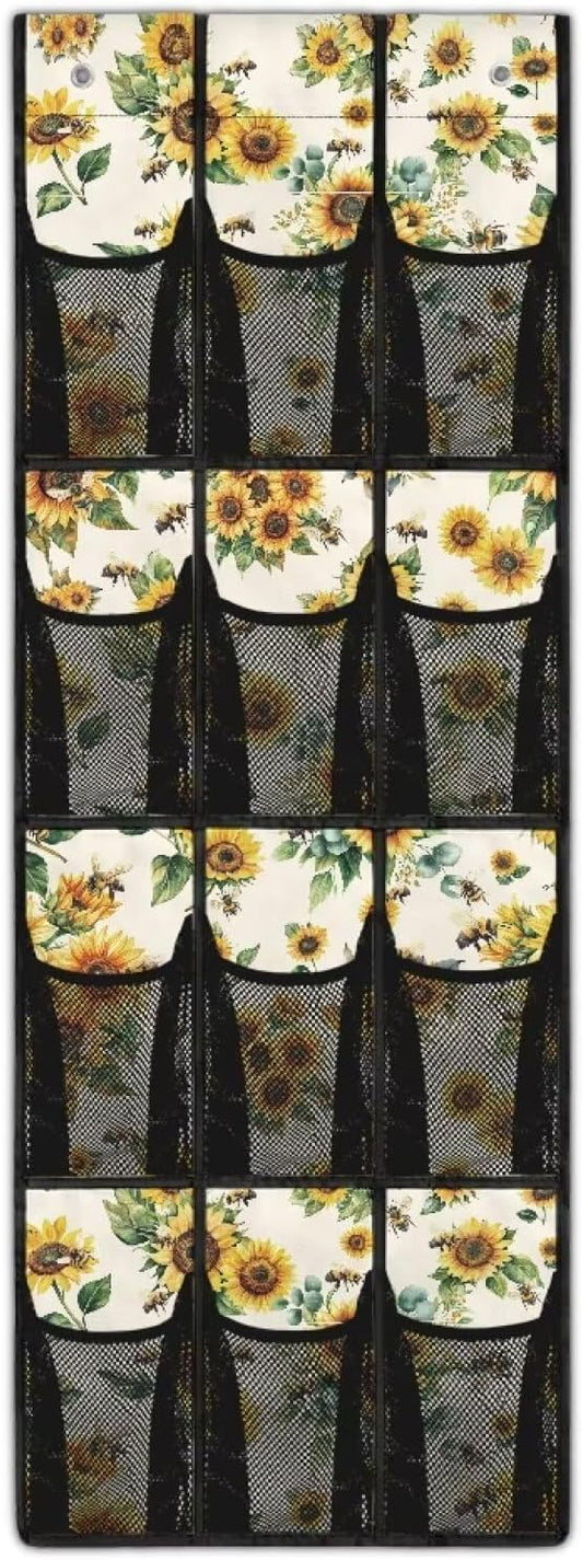 Sunflower Print Over The Door Shoe Organizer,Small Hanging Shoe Rack for Closet,Quick Dry Mesh Organizer Hanging for Pantry Bathroom Closet,Organizer for Bedroom Bathroom,Kitchen