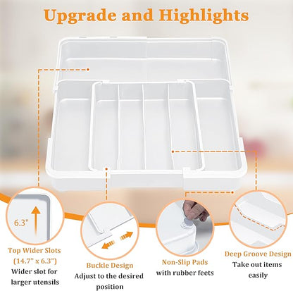 Homecor Silverware Drawer Organizer, Adjustable Kitchen Drawer Organizer, Expands from 4 to 7 Slots, Non-Slip BPA-Free Flatware Cutlery Utensil Holder for Forks Knives Spoons and Kitchen Utensil,White