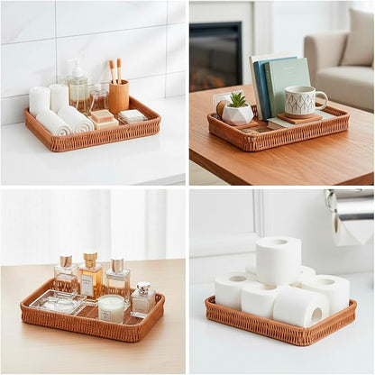 Toilet Tank Tray Storage Basket, Metal Woven Bathroom Basket Decorative Tray for Toilet Paper Storage, Wicker Vanity Organizer Bin with Non-Slip Feet for Bathroom Counter or Back of Toilet-Brown