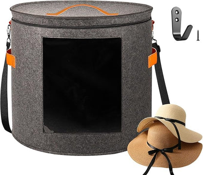 kushon Oversized Hat Storage Box for Women & Men，19" D x 17" H Cowboy Hat Boxes with 1 Wood Hook Felt travel Round Hat Organizer Box with Dustproof Lid (Gray)