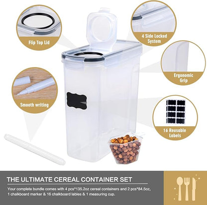 FOOYOO Cereal Containers Storage Set - 6 Piece Airtight Large Dry Cereal Storage Containers(4 * 4L+2 * 2.5L), BPA Free Dispenser Plastic Cereal Storage Containers with 16 Labels & Pen