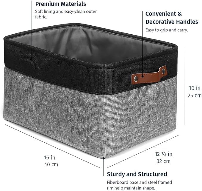 OrganiHaus 16x12.5in Canvas Storage Baskets 3 Pack | EXTRA LARGE Fabric Bins for Shelves | Linen Closet Organizer | Gray/Black