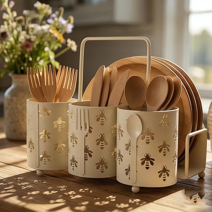 NelyBet Bee Utensil Caddy Silverware Holder Fork Spoon Napkin Paper Plate Organizer Metal Cutlery Flatware Organizer for Party Kitchen Countertop Camping Picnic - Cream White