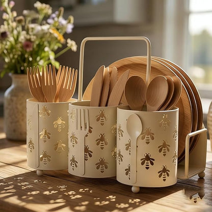 NelyBet Bee Utensil Caddy Silverware Holder Fork Spoon Napkin Paper Plate Organizer Metal Cutlery Flatware Organizer for Party Kitchen Countertop Camping Picnic - Cream White