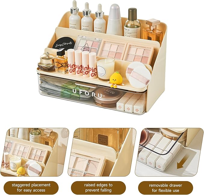 UFORU 3-Tier Display Riser with Large Detachable Drawer, Plastic Storage Shelf, Perfume and Cologne Organizer Stand, Makeup Organizer for Vanity, Bathroom, Office, Cream White