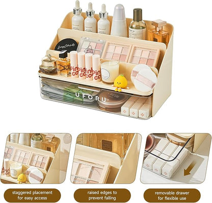 UFORU 3-Tier Display Riser with Large Detachable Drawer, Plastic Storage Shelf, Perfume and Cologne Organizer Stand, Makeup Organizer for Vanity, Bathroom, Office, Cream White