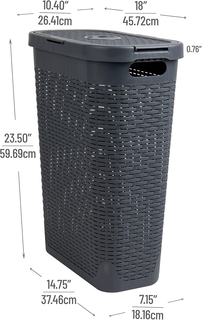 Mind Reader Slim Laundry Hamper with Lid, 40L Clothes Basket, Narrow Tapered Design with Ventilated Cutout Pattern, Plastic, Gray