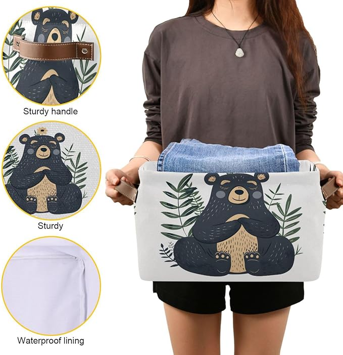 Large Storage Basket Black Bear Storage Bin Cube Canvas Fabric Organizer Handles Collapsible for Clothes Toys Bedroom Decorative
