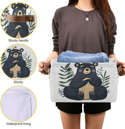 Large Storage Basket Black Bear Storage Bin Cube Canvas Fabric Organizer Handles Collapsible for Clothes Toys Bedroom Decorative