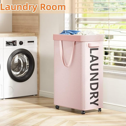 Optish Pink Laundry Basket with Wheels, Dorm Room Essentials for Girls, 90L Rolling Laundry Hamper with Wheels and Removable Mesh Bag for Clothes, Bedroom, Bathroom, College