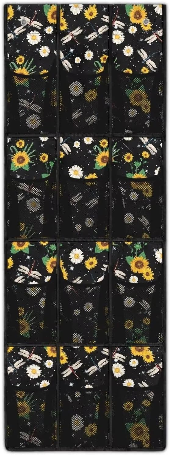 Dragonfly Sunflower Over the Door Shoe Organizer 12 Large Pockets Shoe Storage Organizer Foldable Hanging Shoe Rack for Door
