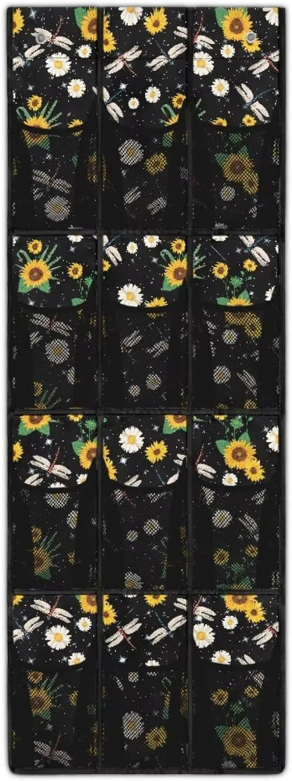 Dragonfly Sunflower Over the Door Shoe Organizer 12 Large Pockets Shoe Storage Organizer Foldable Hanging Shoe Rack for Door