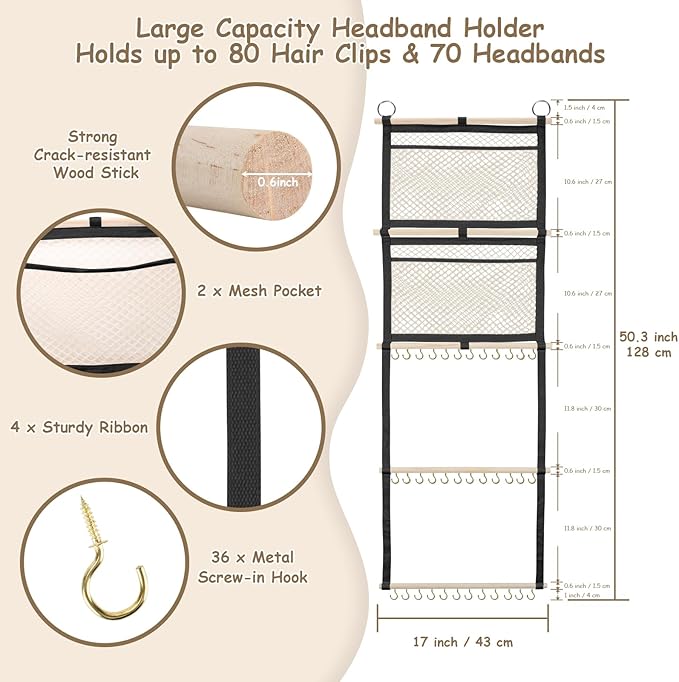 Bow Organizer for Girls, 17x50in Baby Headband Bow Holder W/ 2 Mesh Pockets & 36 Hooks, Bow Hanger for Girls Hair Bows Clip, Wall Hanging Hair Accessories Storage for Toddler Nursery Decor(Black)