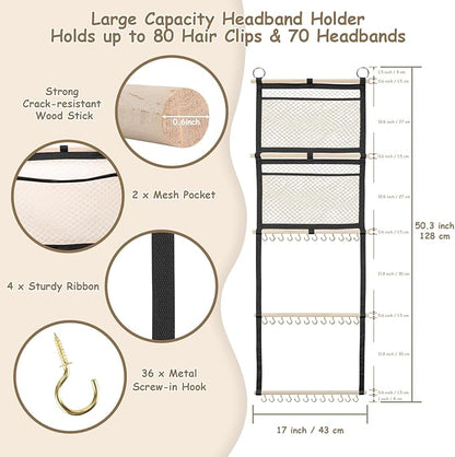 Bow Organizer for Girls, 17x50in Baby Headband Bow Holder W/ 2 Mesh Pockets & 36 Hooks, Bow Hanger for Girls Hair Bows Clip, Wall Hanging Hair Accessories Storage for Toddler Nursery Decor(Black)