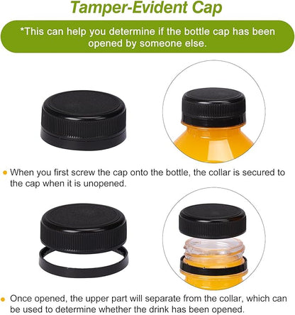 TOMNK 12pcs Juice Bottles with Caps, 4oz Plastic Containers with Lids Empty Reusable Clear Ginger Shots Bottles with Label, Funnel, and Brush Beverage for Juicing, Smoothies, Drinking, Fridge