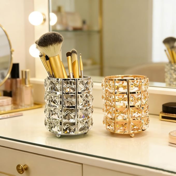 Makeup Brush Holder Organizer Crystal Bling Cosmetic Storage Box for Brushes, Combs & Pens, Candle Holder Container（Gold）