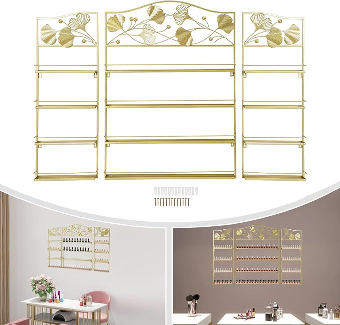 4 Tier Wall-Mounted Nail Polish Storage Racks 3PCS Metal Nail Polish Organizer Shelf for Wall Cosmetic Display Cases Perfume Lipstick Display Stand for Home Spa Nail Salon
