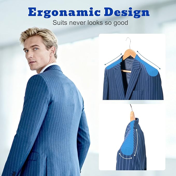 HOUSE DAY Wood Suit Hangers for Men, Smooth Wide Shoulder Wooden Hanger with Non Slip Pant Holder, Wide Hangers for Suits, Coats, Jackets, Heavy Wide Clothes Hanger 2 Pack, Natural