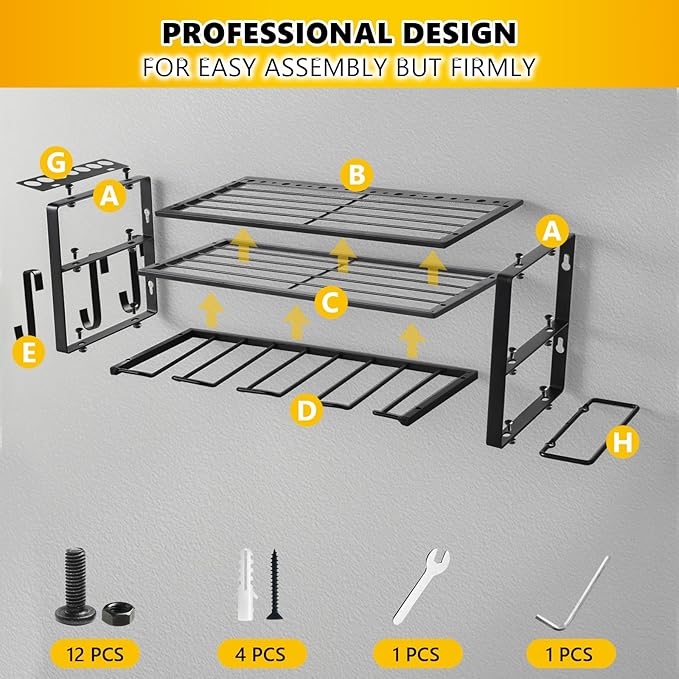 Wall Mount Power Tool Organizer, 3 Layers Garage Wall Organize with 4 Cordless Drill Holders, Storage Rack for Workshop/Garage, 150Lbs Load Capacity, Heavy Duty Iron, Matte Black