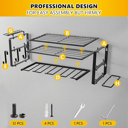 Wall Mount Power Tool Organizer, 3 Layers Garage Wall Organize with 4 Cordless Drill Holders, Storage Rack for Workshop/Garage, 150Lbs Load Capacity, Heavy Duty Iron, Matte Black