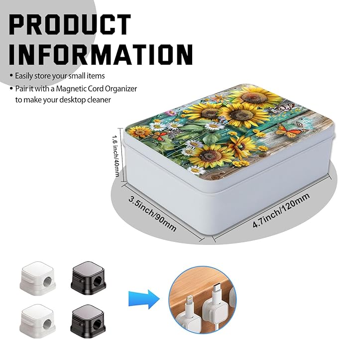 Metal Tin Box with Lid for Game Cards Home Organizer Candles Keys Crafts Storage - Equipped with 4 Magnetic Cord Clips，Sunflowers Daisies and Butterflies