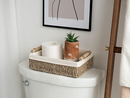 StorageWorks Small Seagrass Baskets for Organizing, Wicker Basket for Organizer, Storage Baskets with Wooden Handles and Natural Fiber Liner, Set of 2