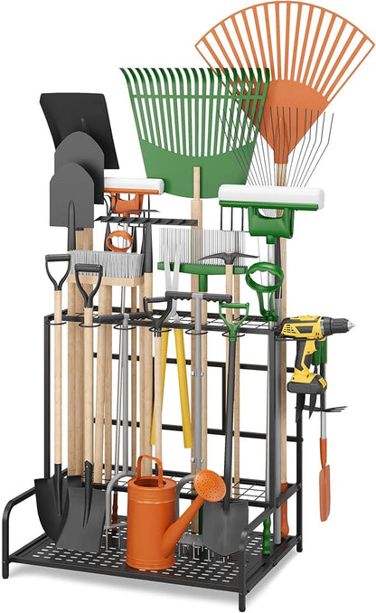 Sttoraboks Garden Tool Organizer Rack Up to 39 Tools, Heavy-Duty Steel Yard Tool Organizer for Garage Storage with 12 Hooks, Broom Holder & Garden Tool Rack for Shed, Patio, Outdoor Storage, Black
