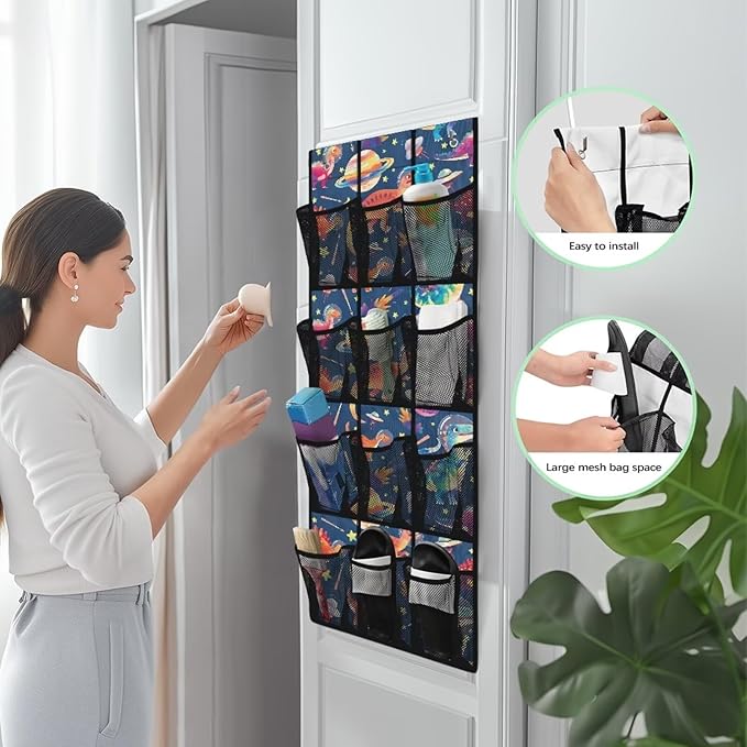 Dinosaurs Over the Door Shoe Organizer Space Saving Hanging Shoe Rack Holder with 12 Pockets Large Capacity Behind the Door Storage for Classrooms, Bedrooms, Dormitories