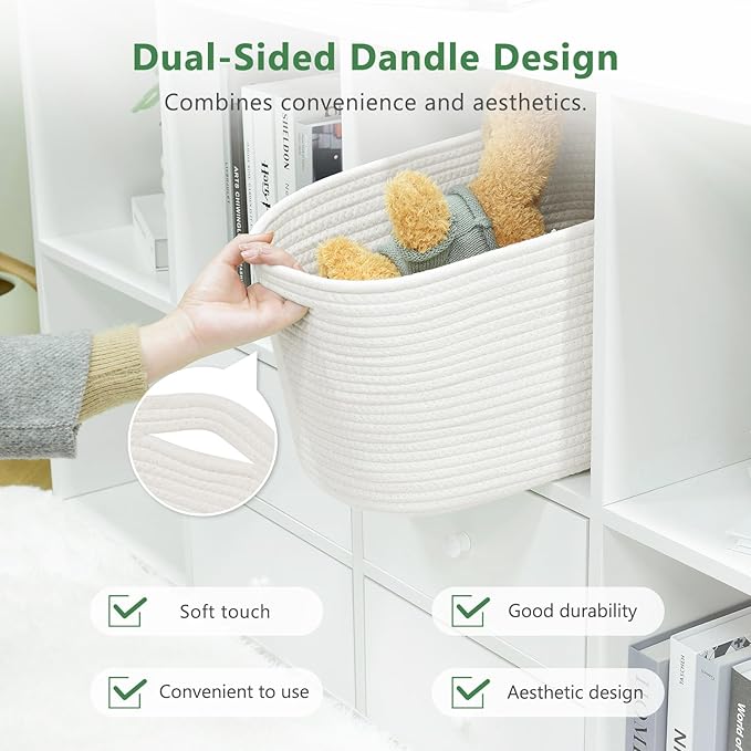 ECDYQXVU Cotton Rope Storage Basket, 15x10x9 Inches, Woven Basket for Shelves, Clothes, Towels, Books, and Laundry, White (2 Pack)