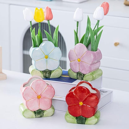 1 PC Flower Makeup Storage Box Ceramic Blossom Five Petals Pen Holder Pen Holder Desktop Storage Box (Blue)