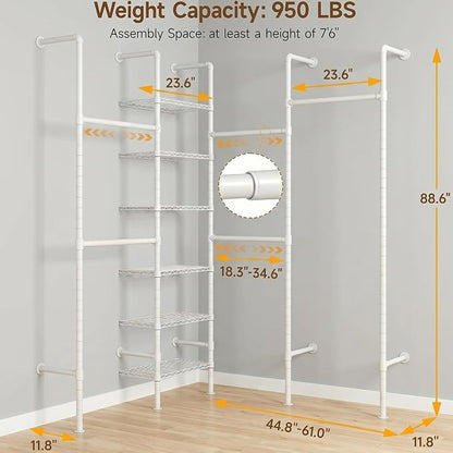 F4 Wall Mounted Closet System, Industrial Pipe Clothing Rack for Hanging Clothes, Heavy Duty Closet Organizer System, Clothes Racks with Shelves & Expandable Rod for Wardrobe, Corner, White
