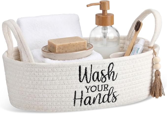 Wash Your Hands Bathroom Decoration Beige Cotton Rope Toilet Basket Toilet Paper Holder Basket Rustic Bathroom Organizer Farmhouse Home Decoration Organizing Small Baskets