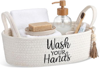 Wash Your Hands Bathroom Decoration Beige Cotton Rope Toilet Basket Toilet Paper Holder Basket Rustic Bathroom Organizer Farmhouse Home Decoration Organizing Small Baskets