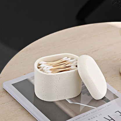 Bathroom Qtip Holder Container, 2-Pack, Travertine Stone Look Storage Jars for Cotton Swabs, Jewelry, Floss Picks, Bathroom Essentials Decor Restroom Vanity Decor (White)
