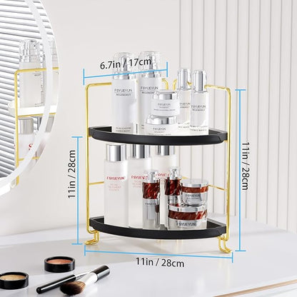 FSyueyun 2-Tier Corner Bathroom Counter Organizer, Tool-Less Installation Vanity Shelf Small Plastics Countertop Makeup Tray Skincare Perfume Organizers (Gold & Black)