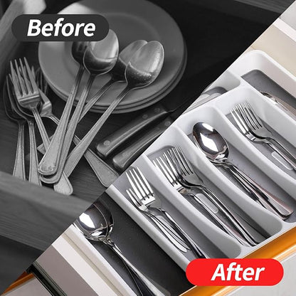 Non-Slip Expandable Silverware Drawer Organizer,7 Compartment Tasteless Large Capacity Thick Plastic Flatware Divider for Silverware, Stationery, Cosmetics – Minimalist Design and Premium Feel