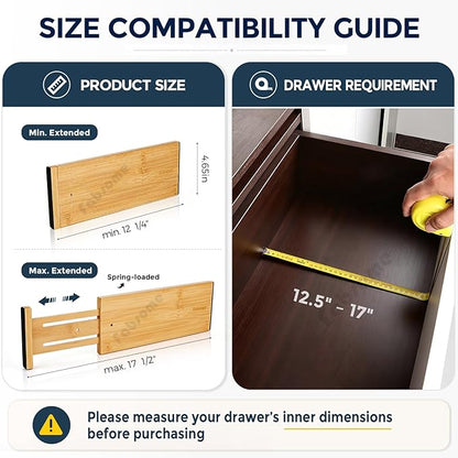 Fabsome Dresser Drawer Organizers 6 Pack, 4.65'' High Adjustable from 12.5-17‘’ Bamboo Drawer Dividers for Clothing Baby Clothes, Wooden Separators for Dresser Nursery Organization with Soft Foam Ends