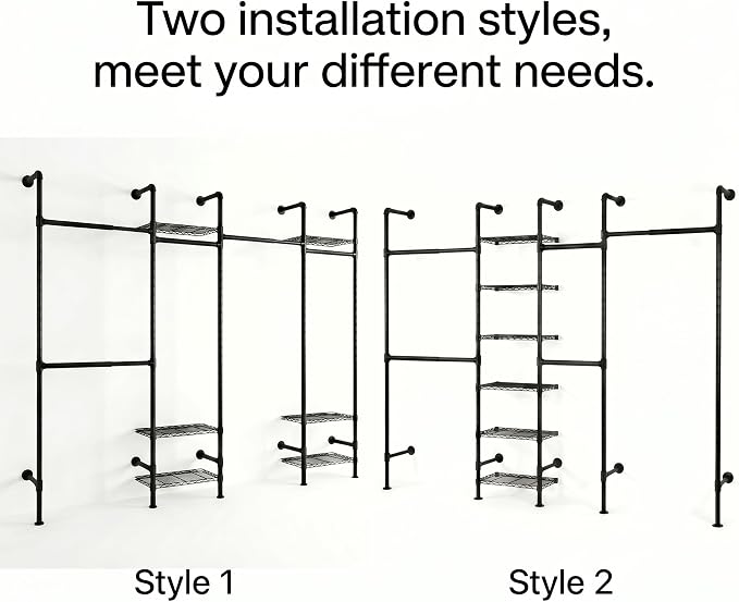Wall Mounted Closet System – Adjustable Clothing Rack with 6 Hanging Clothes Rods( 4 Expandable Rods) & 6 Shelves, Heavy Duty Industrial Pipe Clothes Rack for Closet Organizer and Storage, Black
