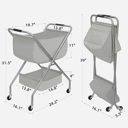 STORAGE MANIAC Collapsible Laundry Cart with Wheels 31.5"H Rolling Laundry Hamper Clothes Basket with Wheels, Canvas Liner Sturdy Steel Frame Folding for Small Narrow Space Easy Storage, Grey
