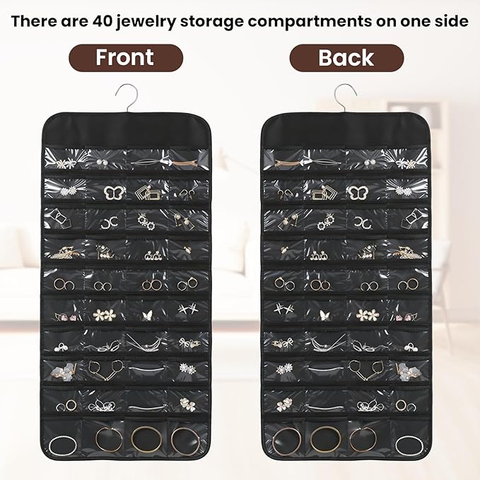 Black Hanging Jewelry Organizer, 80 Pockets Double-Sided, Wall Door Closet Storage for Earrings Necklaces Rings