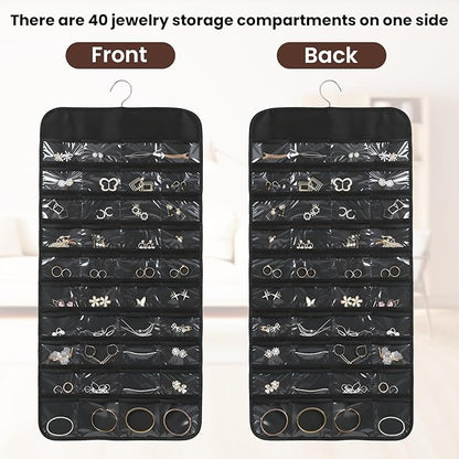 Black Hanging Jewelry Organizer, 80 Pockets Double-Sided, Wall Door Closet Storage for Earrings Necklaces Rings