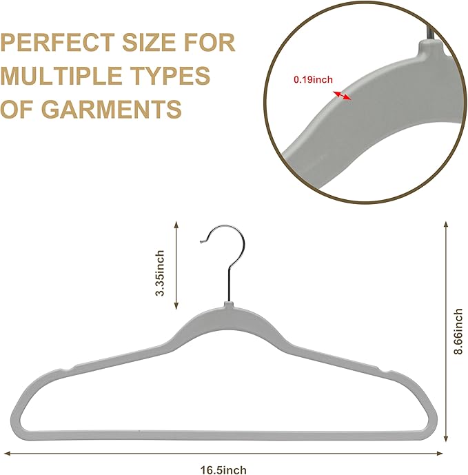 Quality Hangers 50 Pack Slim Plastic Hangers for Clothes - 16.5" Won't Crease Your Clothes, Heavy Duty Non-Velvet Gray Hangers 360° Swivel Chrome Hook Non Slip Notches Dresses Coats Shirts Jackets
