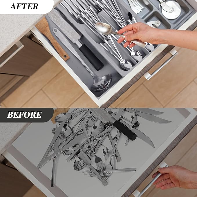 Silverware Organizer Storage Tray,Cutlery Expandable Organizer for Kitchen Drawer Holding Flatware Spoons Forks