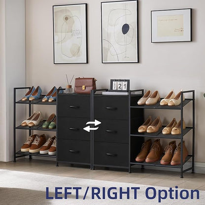 Somdot Shoe Rack, 3 Tier Shoe Organizer with 3 Drawers, Metal Shoe Storage Shelf for 6-9 Pairs of Shoes with Fabric Shelves and Wooden Top, Narrow Shoe Rack for Entryway, Black